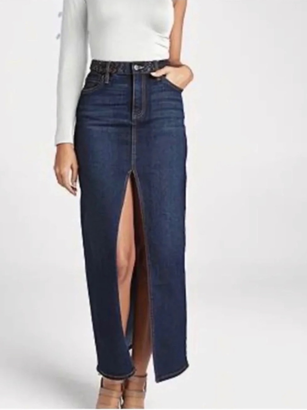 Stradivarius Dark Denim Split Midi Skirt